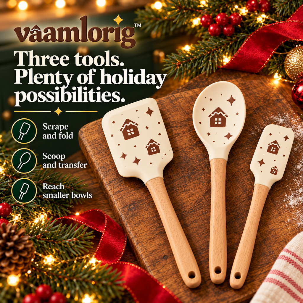 vaamlorig™ 3-Piece Holiday Silicone Spatula Set with Beechwood Handles, Christmas Baking Scrapers & Spoon Spatula