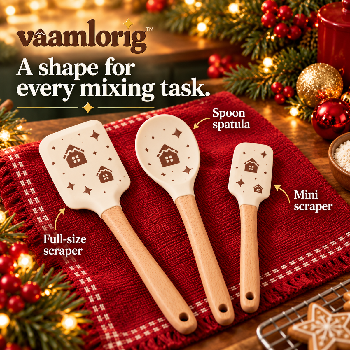 vaamlorig™ 3-Piece Holiday Silicone Spatula Set with Beechwood Handles, Christmas Baking Scrapers & Spoon Spatula