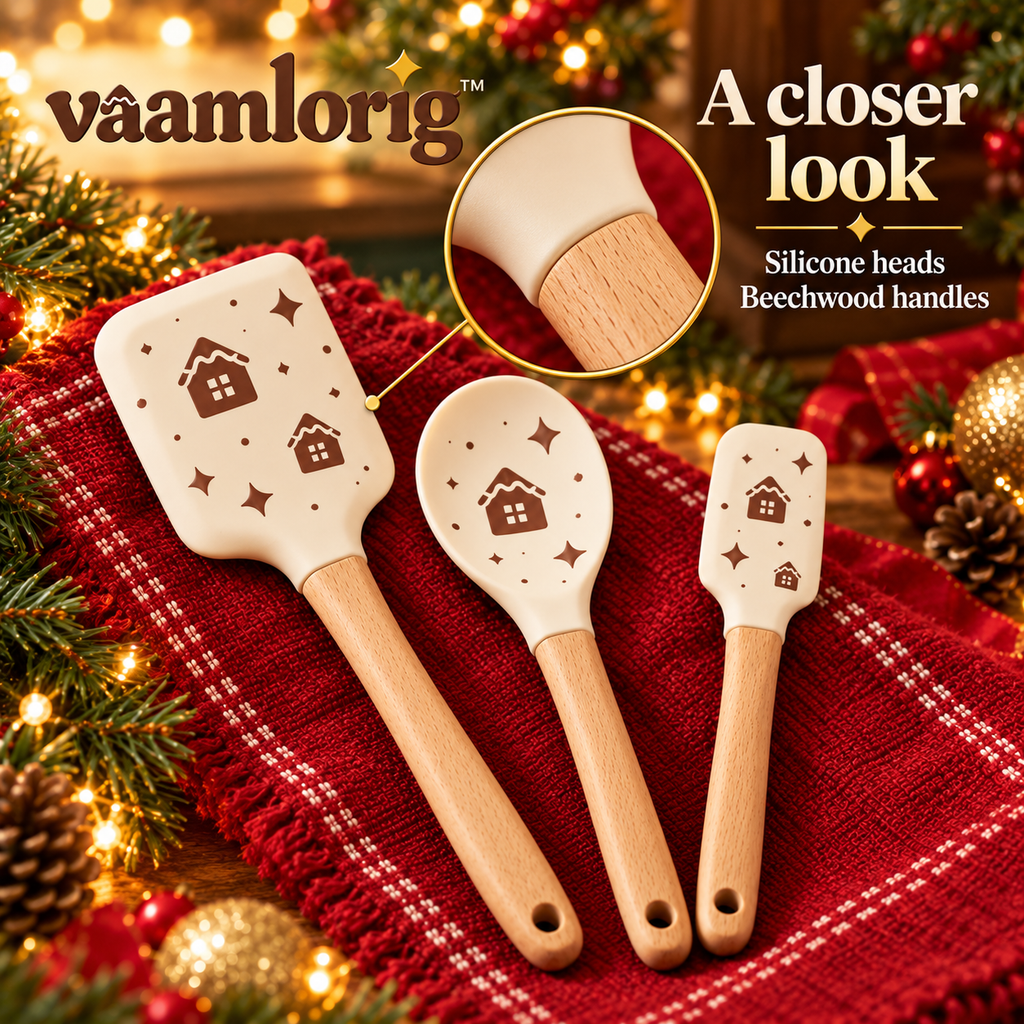 vaamlorig™ 3-Piece Holiday Silicone Spatula Set with Beechwood Handles, Christmas Baking Scrapers & Spoon Spatula