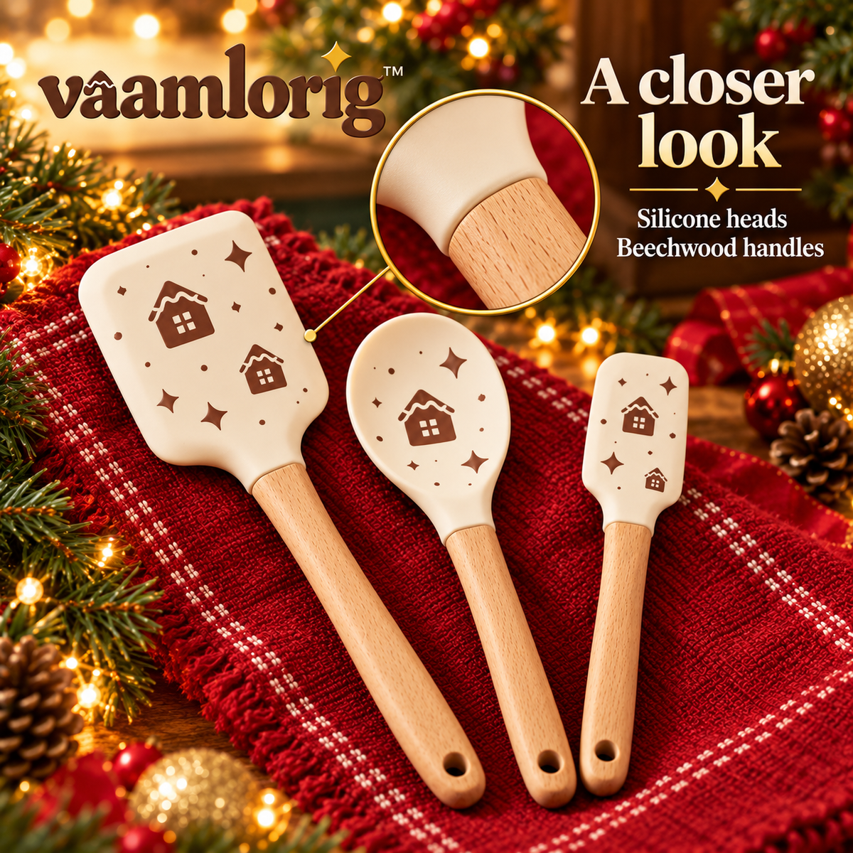 vaamlorig™ 3-Piece Holiday Silicone Spatula Set with Beechwood Handles, Christmas Baking Scrapers & Spoon Spatula