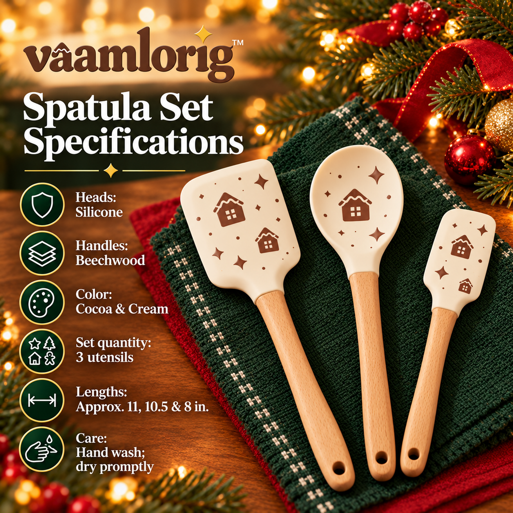 vaamlorig™ 3-Piece Holiday Silicone Spatula Set with Beechwood Handles, Christmas Baking Scrapers & Spoon Spatula