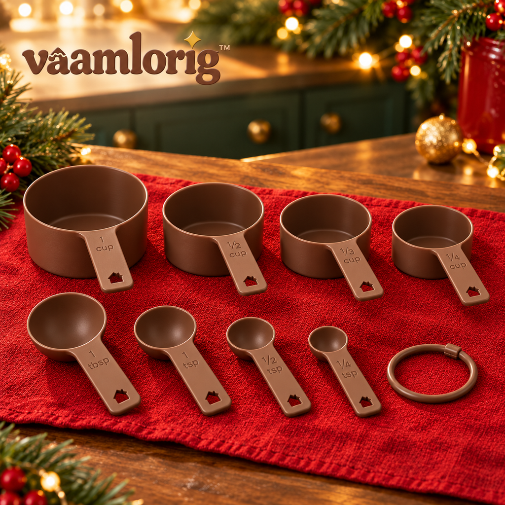 vaamlorig™ 8-Piece Measuring Cups & Spoons Set, U.S. Cup and Teaspoon Baking Measures with Holiday House Handle Details