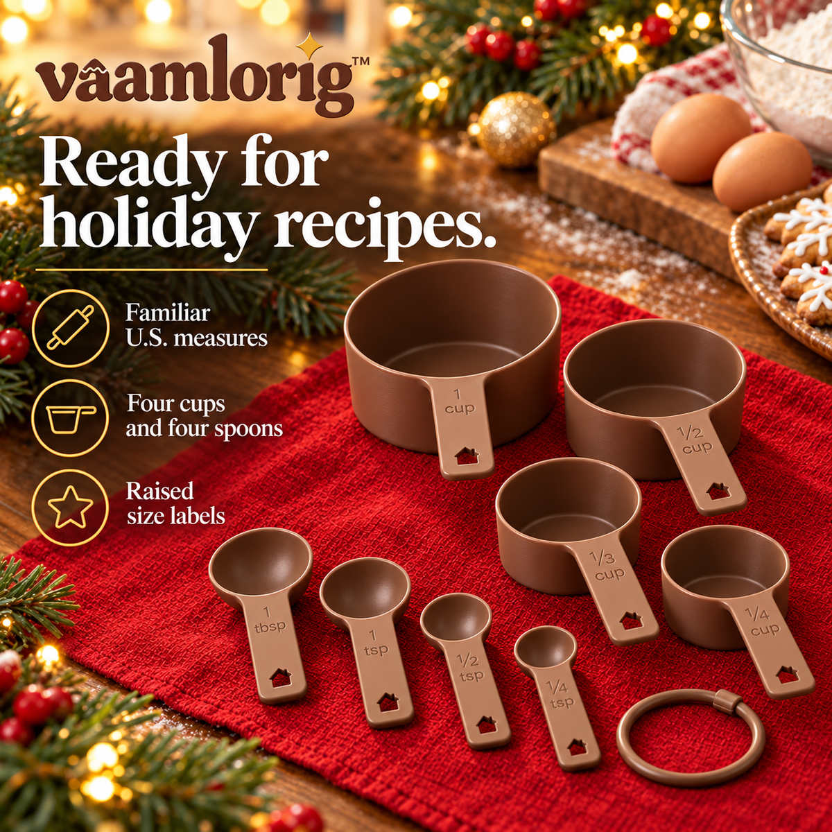 vaamlorig™ 8-Piece Measuring Cups & Spoons Set, U.S. Cup and Teaspoon Baking Measures with Holiday House Handle Details