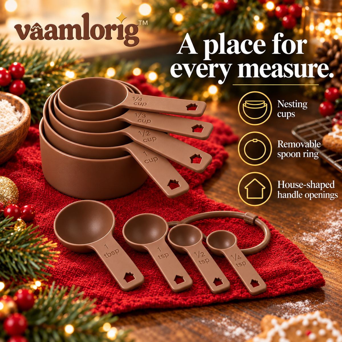 vaamlorig™ 8-Piece Measuring Cups & Spoons Set, U.S. Cup and Teaspoon Baking Measures with Holiday House Handle Details