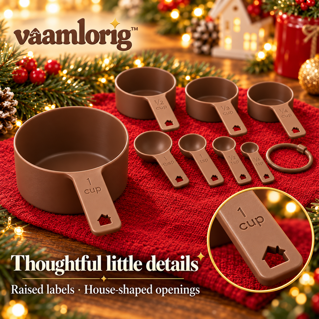 vaamlorig™ 8-Piece Measuring Cups & Spoons Set, U.S. Cup and Teaspoon Baking Measures with Holiday House Handle Details