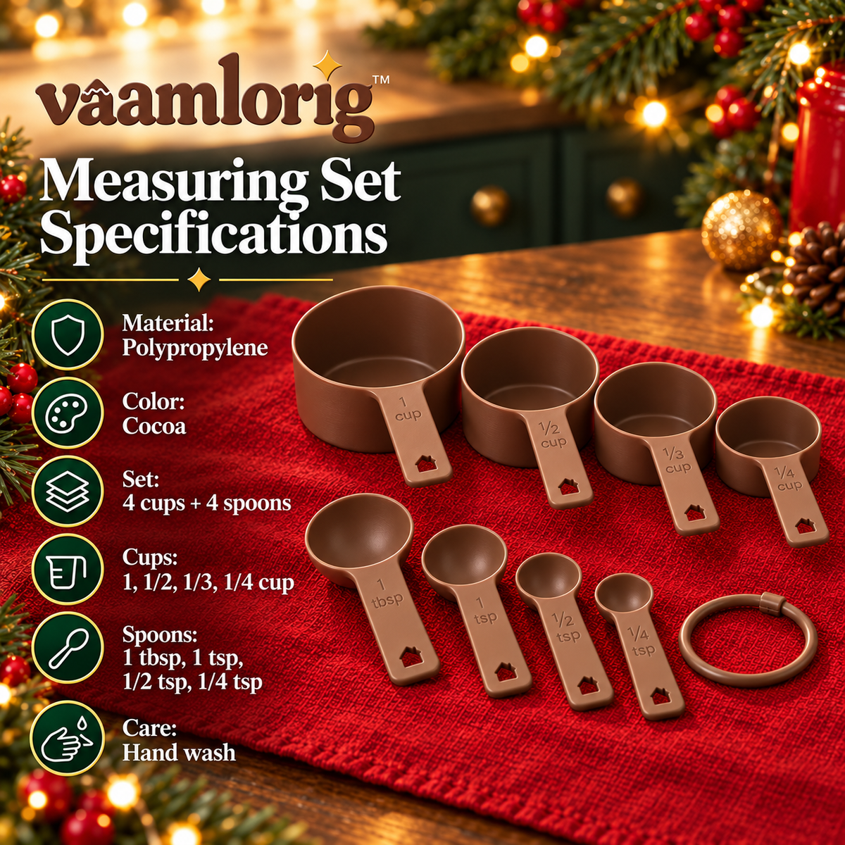 vaamlorig™ 8-Piece Measuring Cups & Spoons Set, U.S. Cup and Teaspoon Baking Measures with Holiday House Handle Details