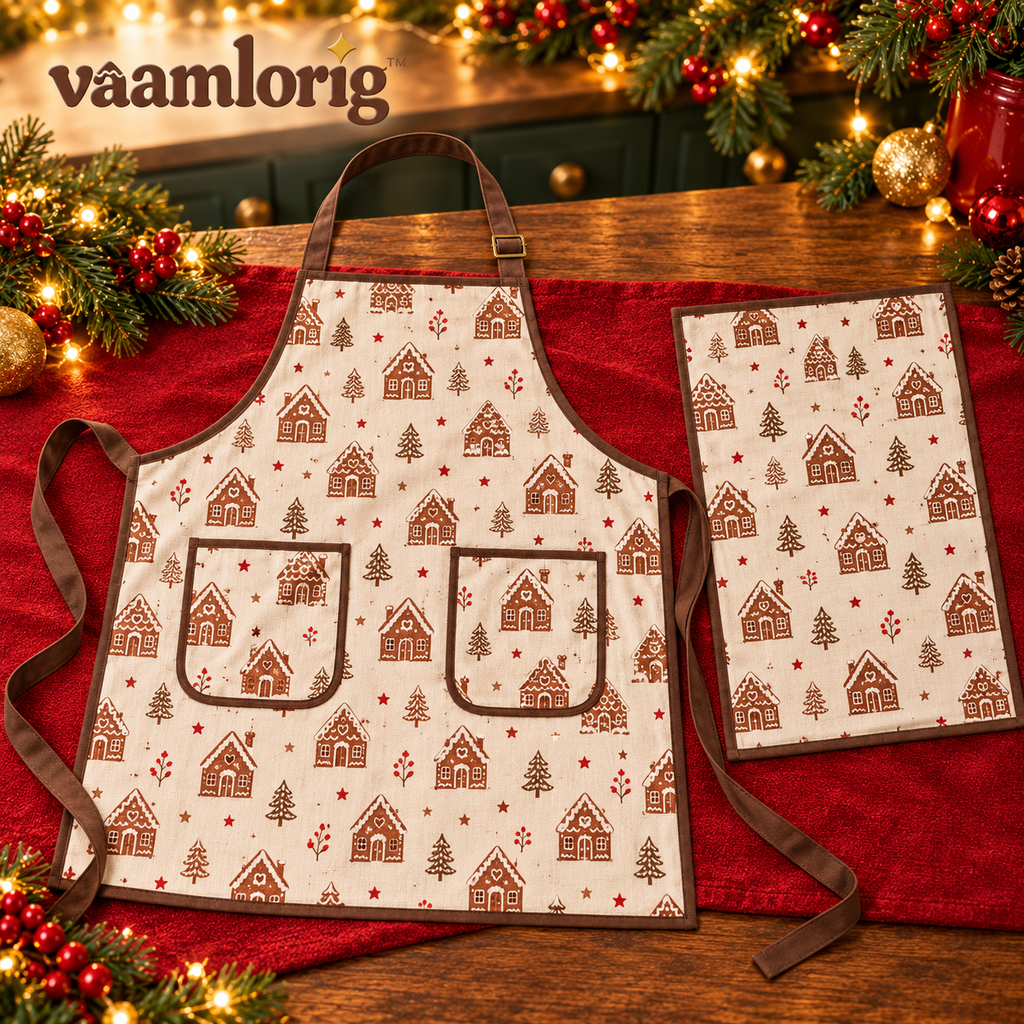 vaamlorig™ Gingerbread Village Christmas Apron & Kitchen Towel Set, Adjustable Cotton Baking Apron with Front Pockets
