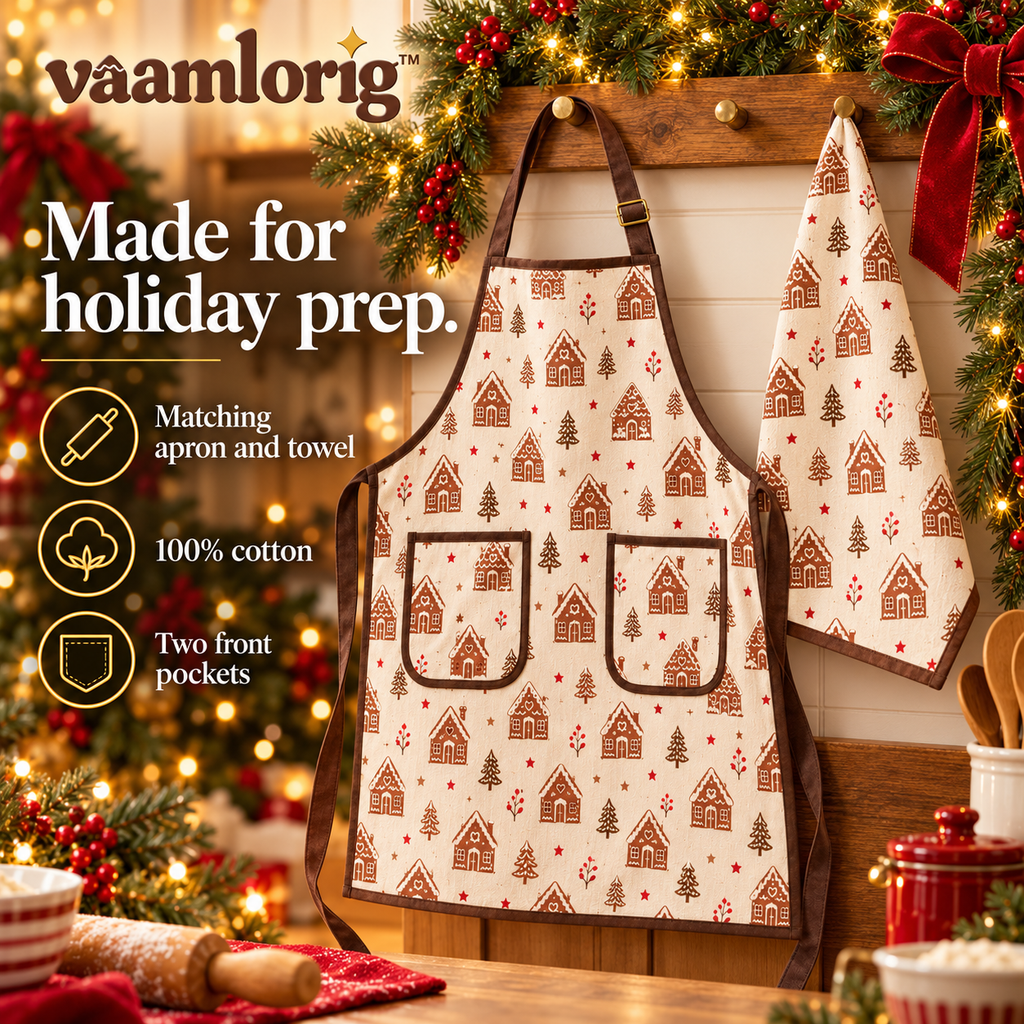 vaamlorig™ Gingerbread Village Christmas Apron & Kitchen Towel Set, Adjustable Cotton Baking Apron with Front Pockets