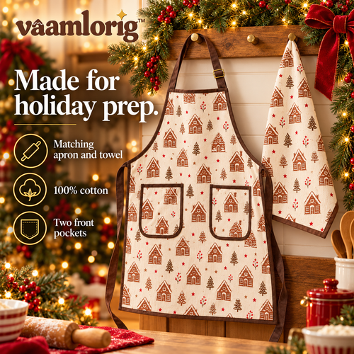 vaamlorig™ Gingerbread Village Christmas Apron & Kitchen Towel Set, Adjustable Cotton Baking Apron with Front Pockets