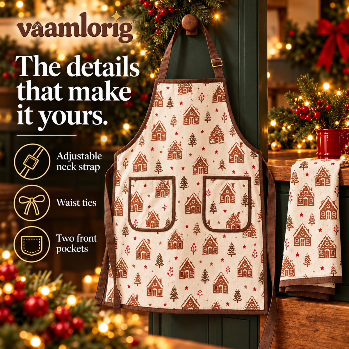 vaamlorig™ Gingerbread Village Christmas Apron & Kitchen Towel Set, Adjustable Cotton Baking Apron with Front Pockets