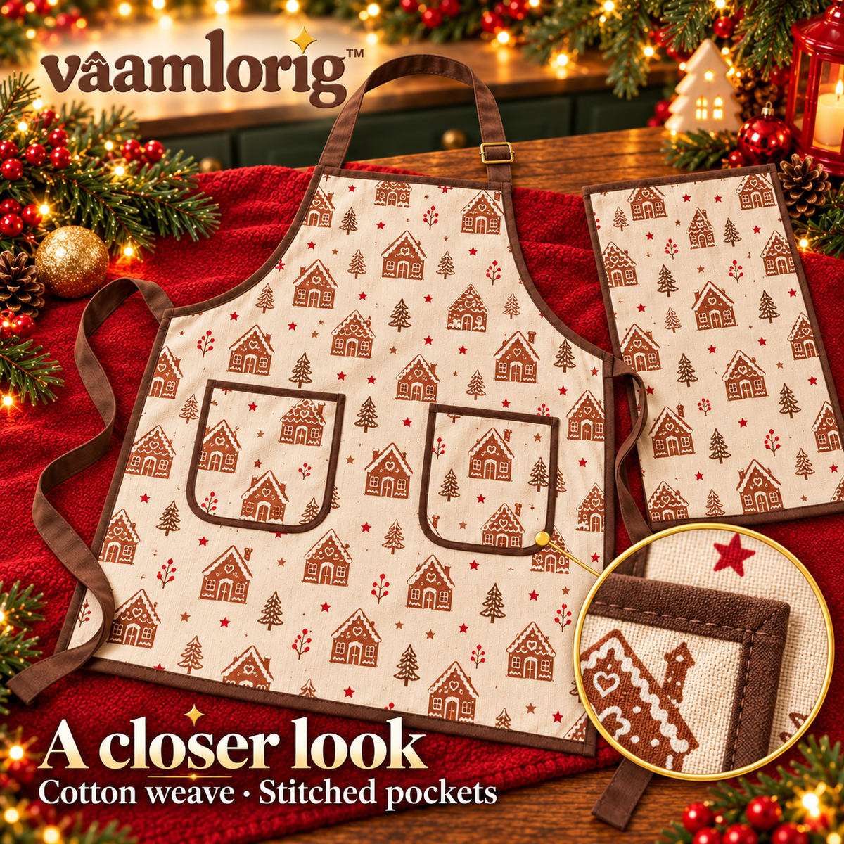 vaamlorig™ Gingerbread Village Christmas Apron & Kitchen Towel Set, Adjustable Cotton Baking Apron with Front Pockets