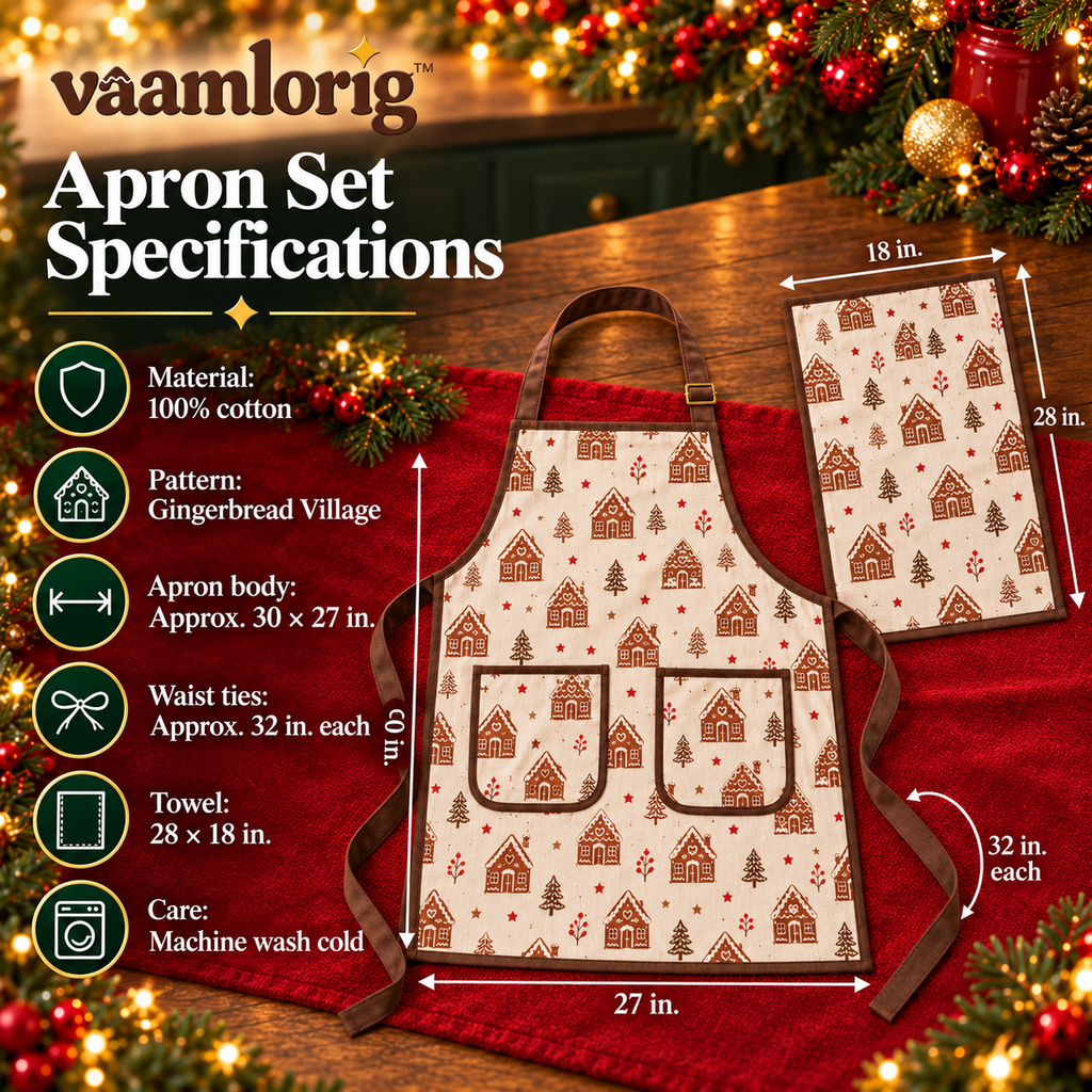 vaamlorig™ Gingerbread Village Christmas Apron & Kitchen Towel Set, Adjustable Cotton Baking Apron with Front Pockets